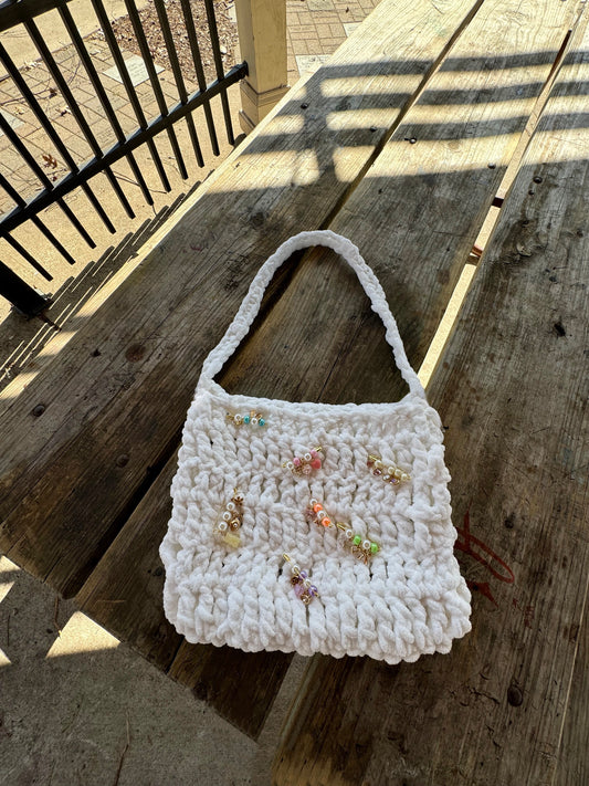 Fuzzy double crochet tote bag with pin charms